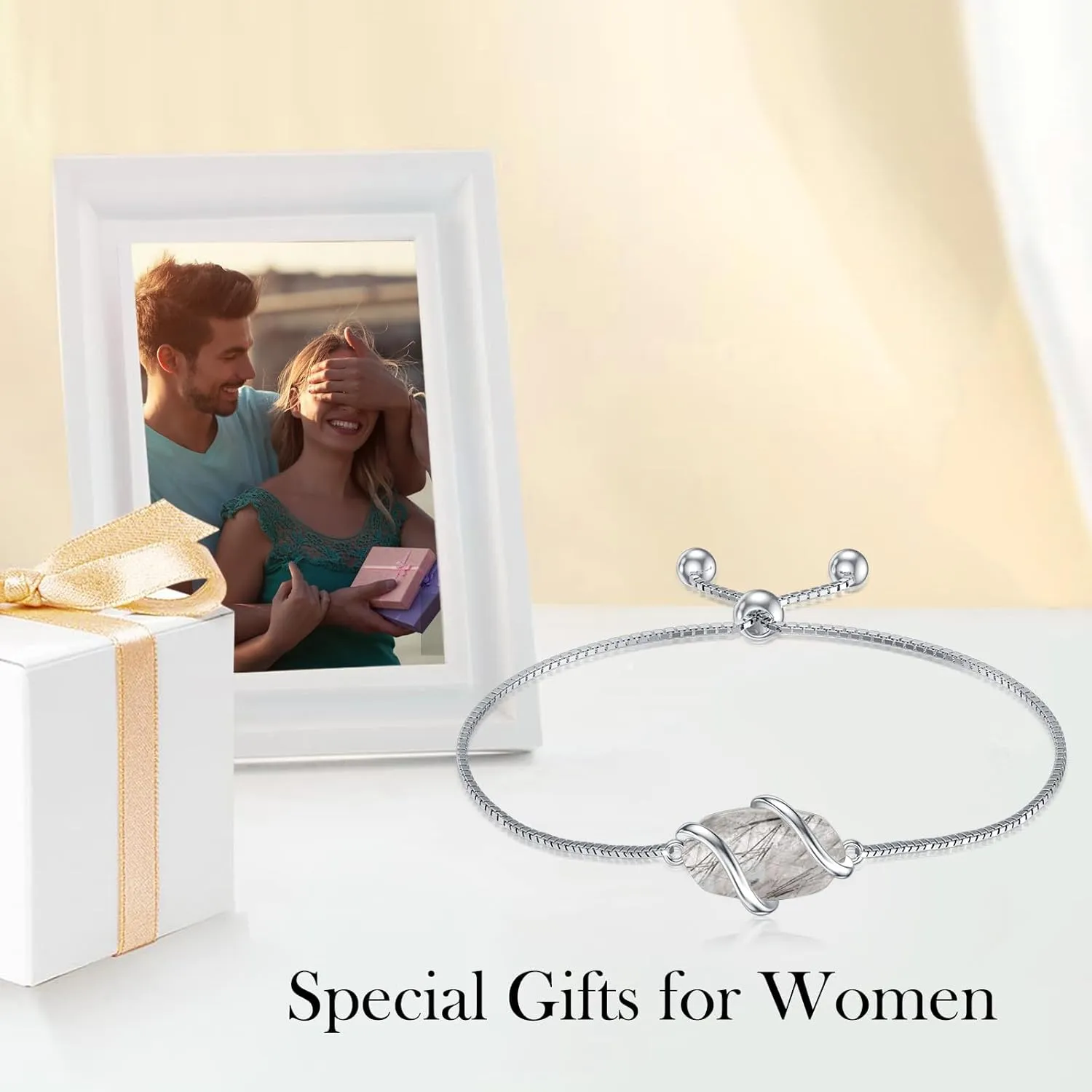 Bracelet for Women 925 Sterling Silver Dainty Simple Gemstone Link Bracelet Fine Jewelry Mothers Day Birthday Gifts for Mom Her (Fully Adjustable to 9 Inches)