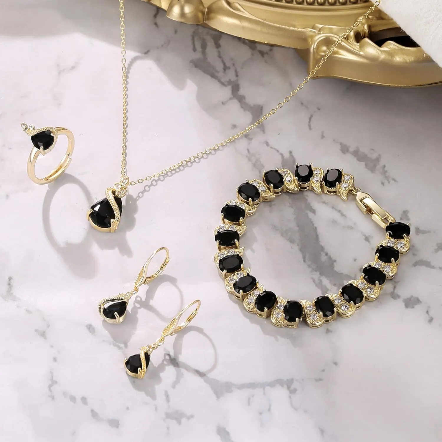 BriLove Jewelry Set for Bride, Sparkling Water Drop Cubic Zirconia Crystal Pendant Necklace Leverback Earrings Tennis Bracelet Adjustable Ring Gift for Wedding/Birthday/Mother's Day/Christmas