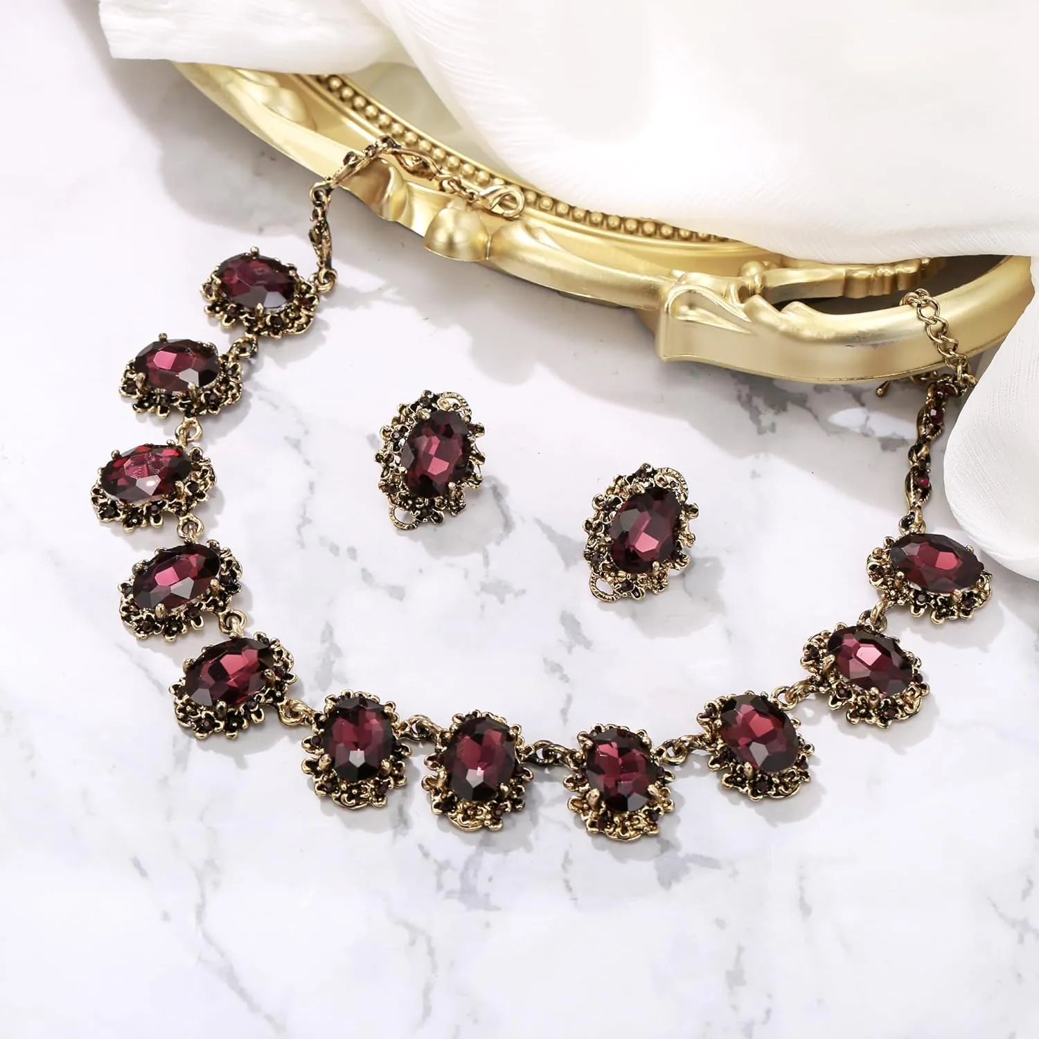 BriLove Victorian Style Statement Necklace Pierced Earrings Jewelry Set for Women Crystal Floral Cameo Inspired Oval Jewellery for Party Prom