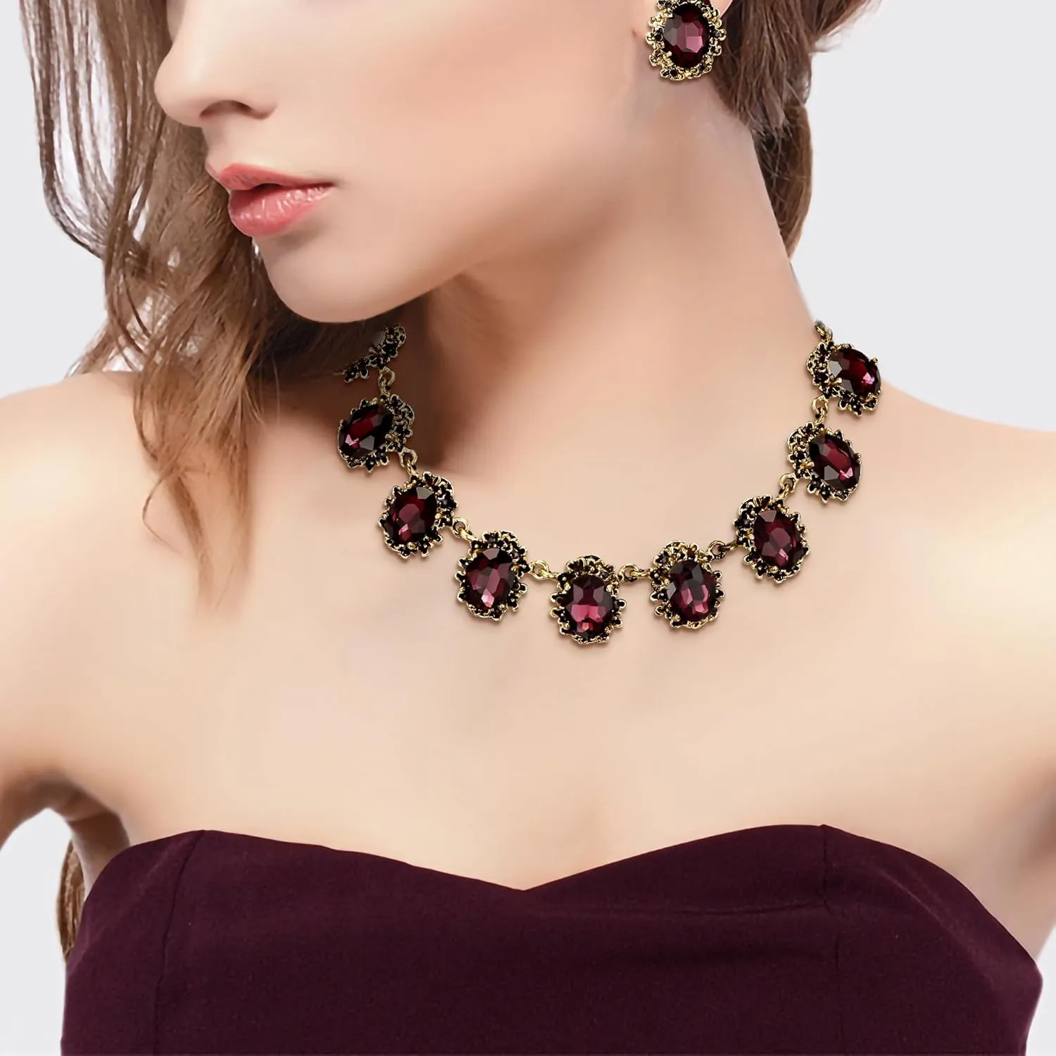 BriLove Victorian Style Statement Necklace Pierced Earrings Jewelry Set for Women Crystal Floral Cameo Inspired Oval Jewellery for Party Prom
