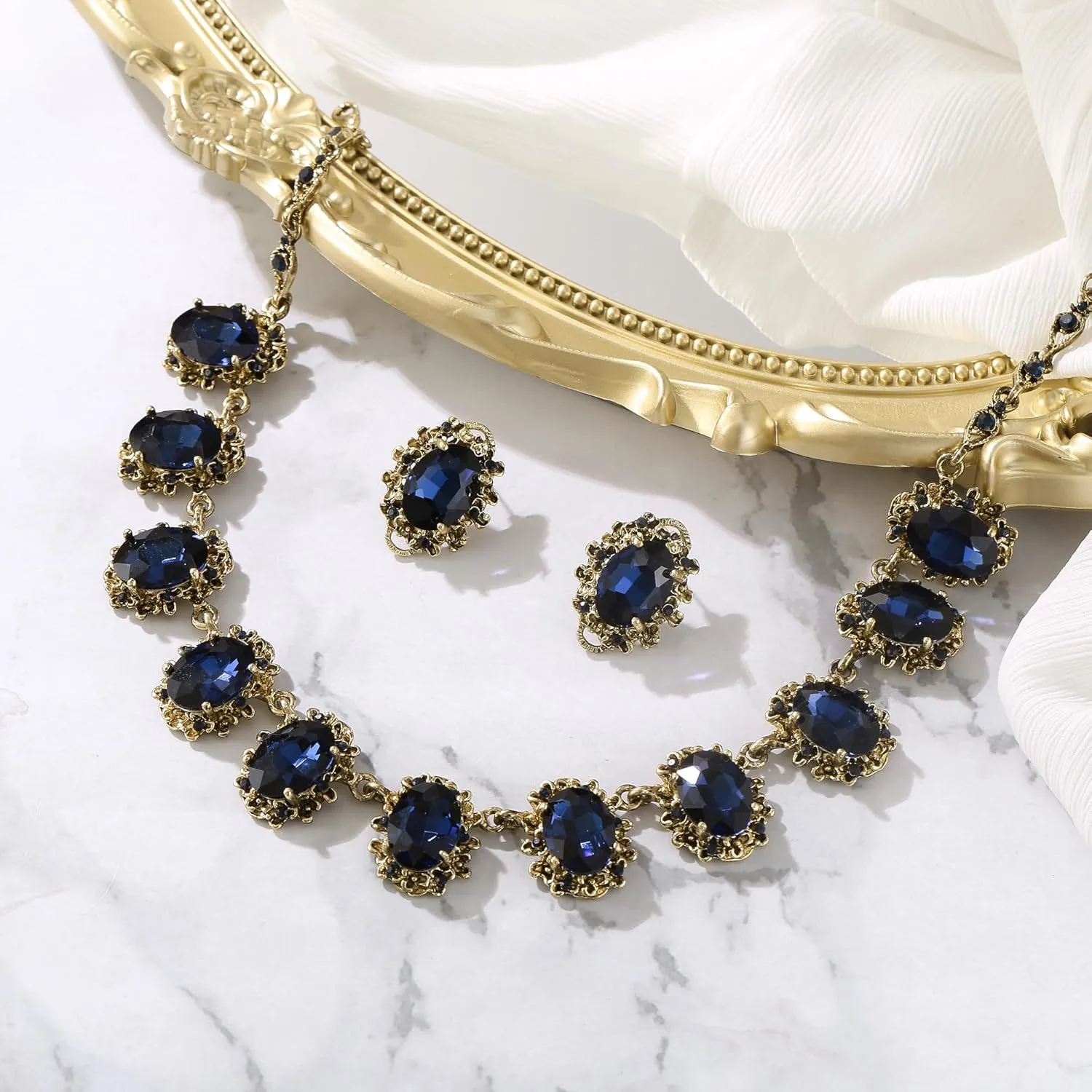 BriLove Victorian Style Statement Necklace Pierced Earrings Jewelry Set for Women Crystal Floral Cameo Inspired Oval Jewellery for Party Prom