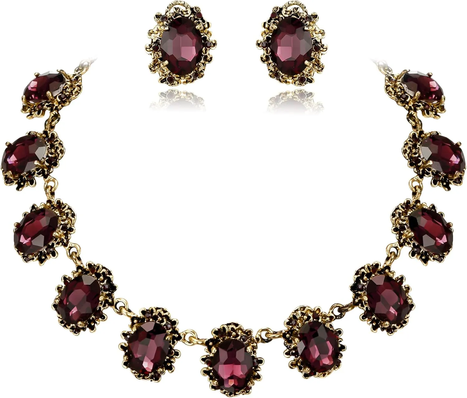 BriLove Victorian Style Statement Necklace Pierced Earrings Jewelry Set for Women Crystal Floral Cameo Inspired Oval Jewellery for Party Prom
