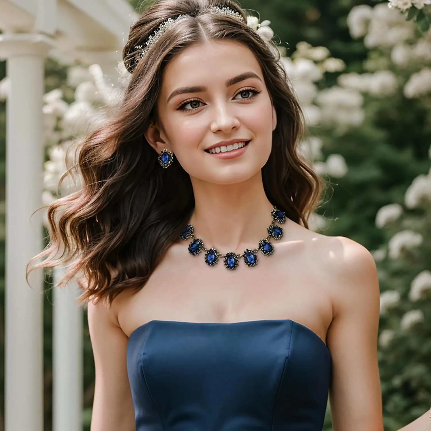 BriLove Victorian Style Statement Necklace Pierced Earrings Jewelry Set for Women Crystal Floral Cameo Inspired Oval Jewellery for Party Prom