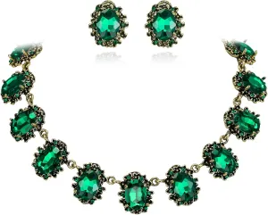 BriLove Victorian Style Statement Necklace Pierced Earrings Jewelry Set for Women Crystal Floral Cameo Inspired Oval Jewellery for Party Prom