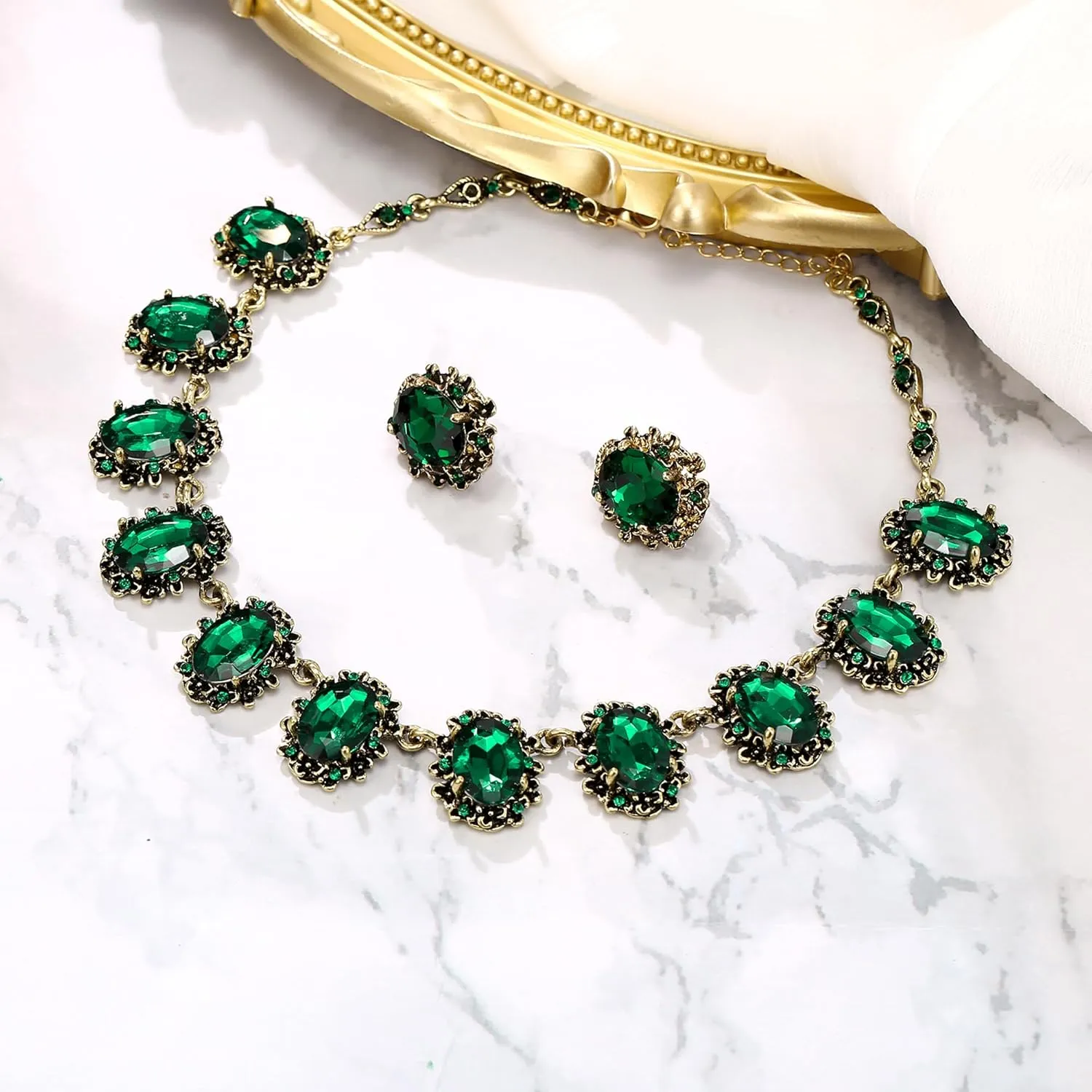 BriLove Victorian Style Statement Necklace Pierced Earrings Jewelry Set for Women Crystal Floral Cameo Inspired Oval Jewellery for Party Prom