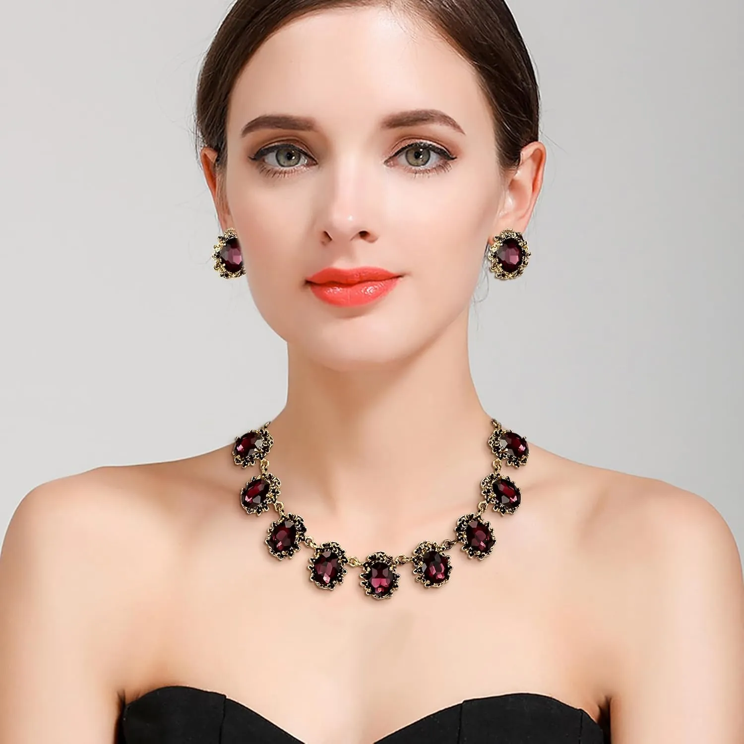 BriLove Victorian Style Statement Necklace Pierced Earrings Jewelry Set for Women Crystal Floral Cameo Inspired Oval Jewellery for Party Prom