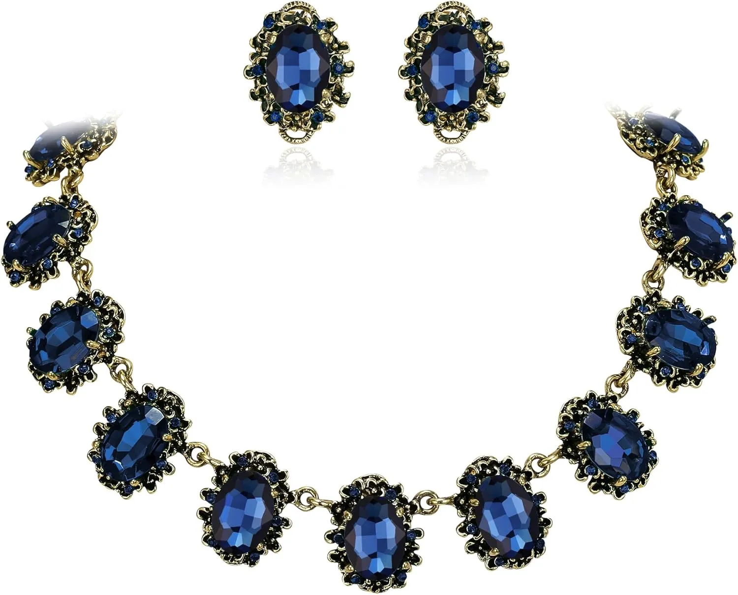 BriLove Victorian Style Statement Necklace Pierced Earrings Jewelry Set for Women Crystal Floral Cameo Inspired Oval Jewellery for Party Prom