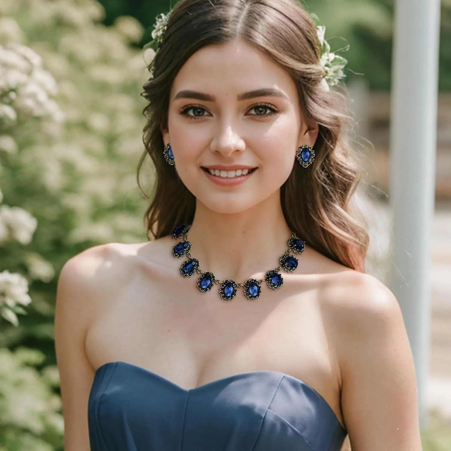 BriLove Victorian Style Statement Necklace Pierced Earrings Jewelry Set for Women Crystal Floral Cameo Inspired Oval Jewellery for Party Prom