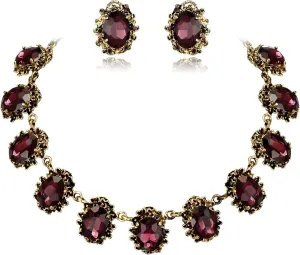 BriLove Victorian Style Statement Necklace Pierced Earrings Jewelry Set for Women Crystal Floral Cameo Inspired Oval Jewellery for Party Prom