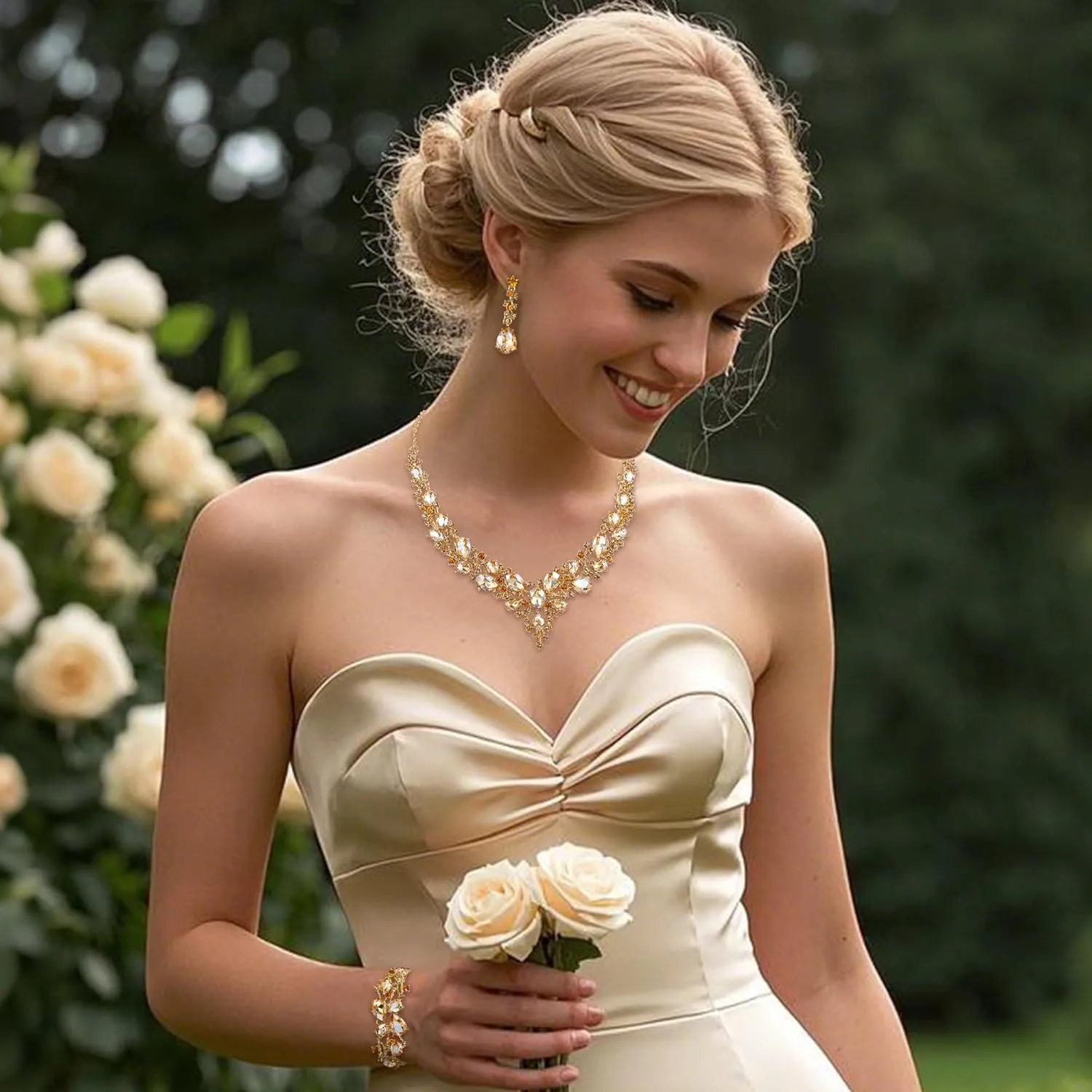 BriLove Wedding Bridal Jewelery for Women Austrian Crystal Teardrop Cluster Statement Necklace Dangle Earrings Link Bracelet Set