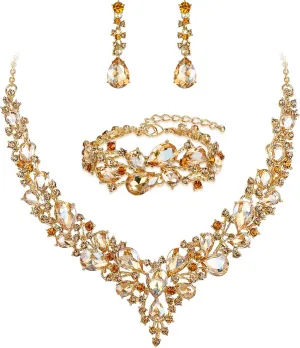 BriLove Wedding Bridal Jewelery for Women Austrian Crystal Teardrop Cluster Statement Necklace Dangle Earrings Link Bracelet Set