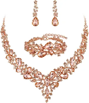 BriLove Wedding Bridal Jewelery for Women Austrian Crystal Teardrop Cluster Statement Necklace Dangle Earrings Link Bracelet Set