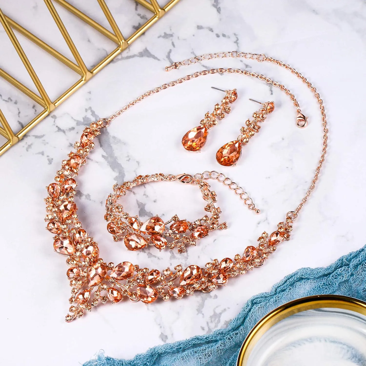 BriLove Wedding Bridal Jewelery for Women Austrian Crystal Teardrop Cluster Statement Necklace Dangle Earrings Link Bracelet Set