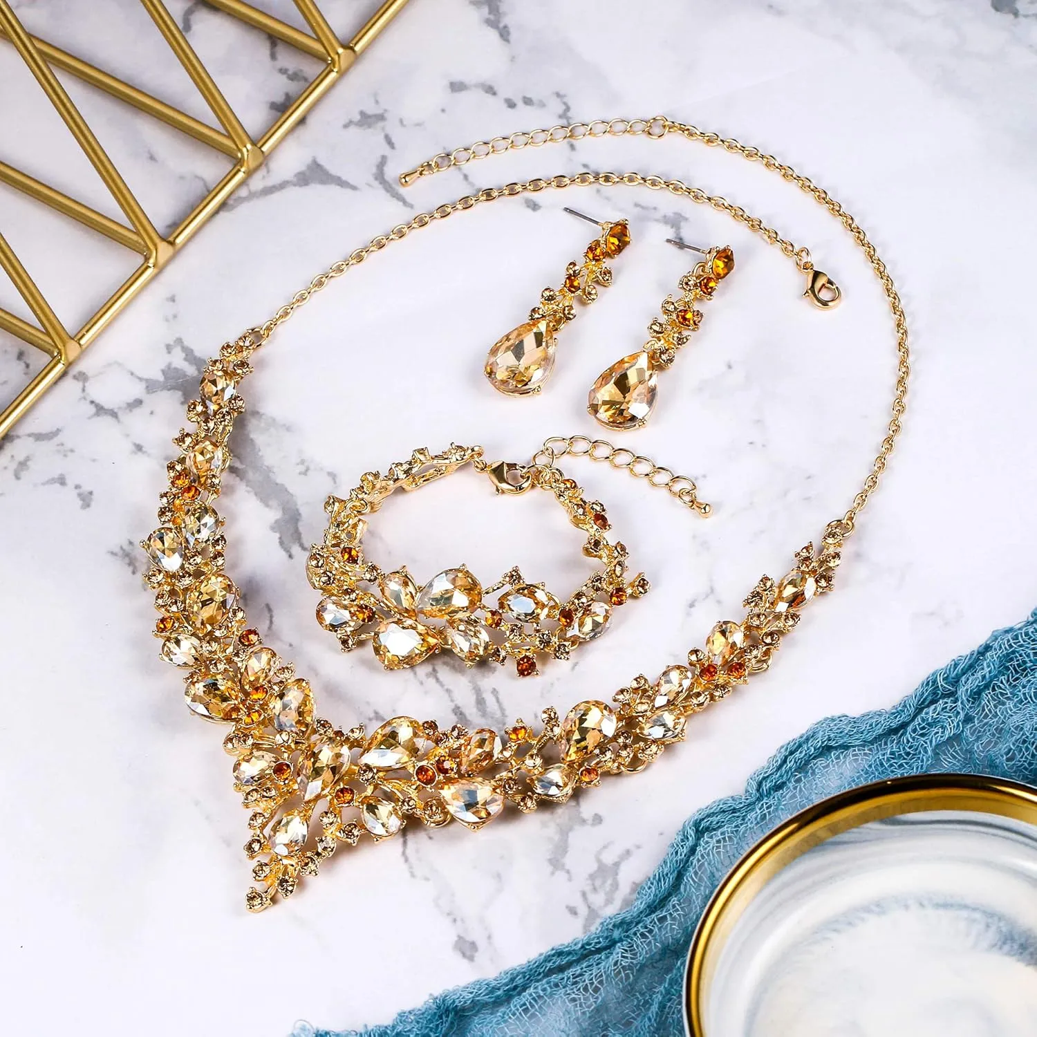 BriLove Wedding Bridal Jewelery for Women Austrian Crystal Teardrop Cluster Statement Necklace Dangle Earrings Link Bracelet Set