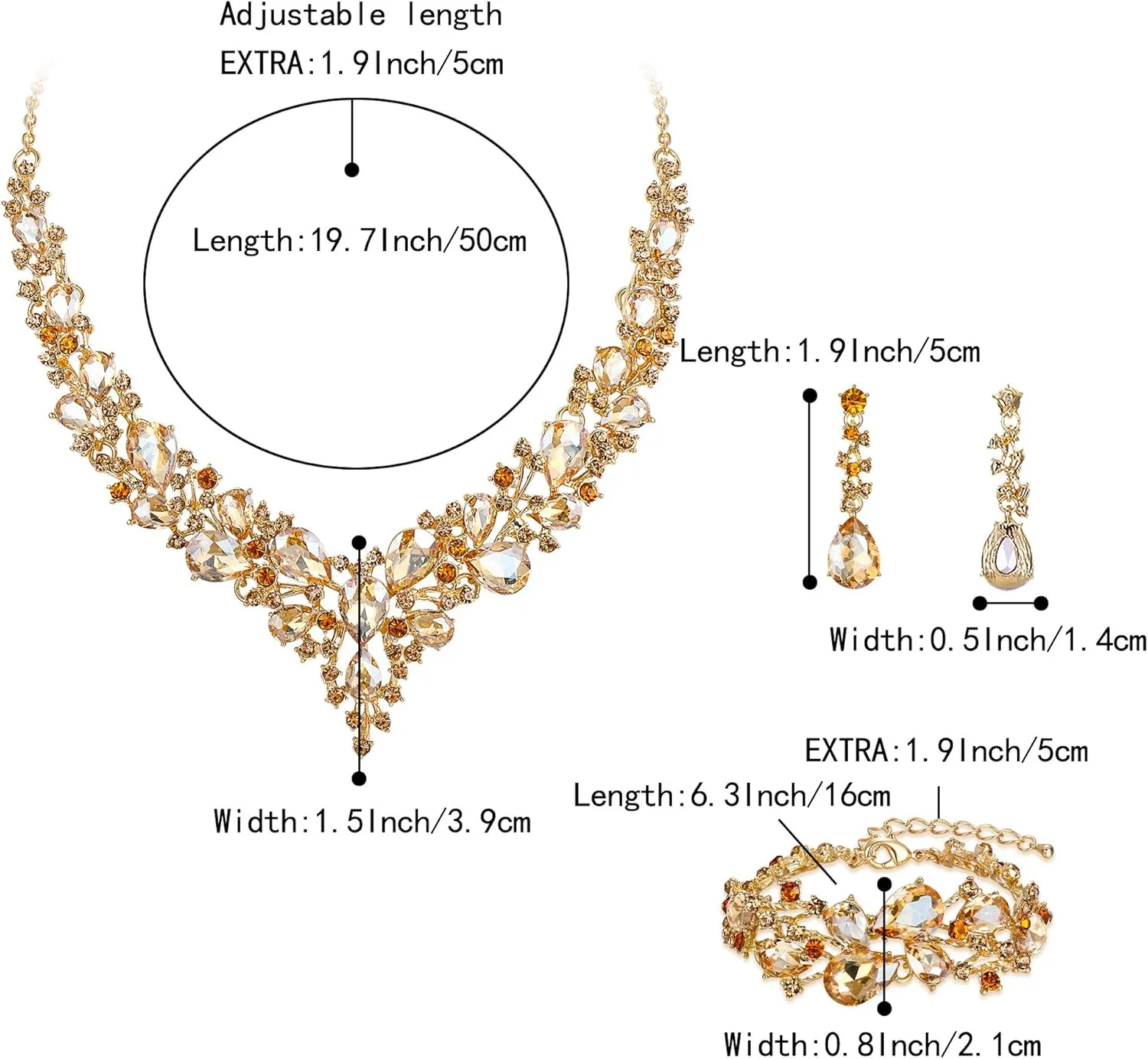 BriLove Wedding Bridal Jewelery for Women Austrian Crystal Teardrop Cluster Statement Necklace Dangle Earrings Link Bracelet Set