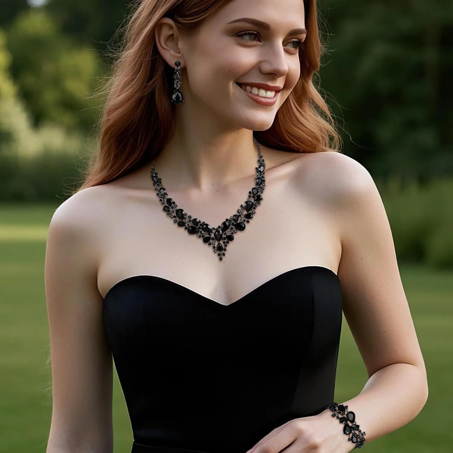 BriLove Wedding Bridal Jewelery for Women Austrian Crystal Teardrop Cluster Statement Necklace Dangle Earrings Link Bracelet Set