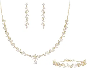 BriLove Wedding Bridal Jewelry for Women Cubic Zirconia Marquise Teardrop Leaf Cluster Y-Necklace Dangle Earrings Link Bracelet Set