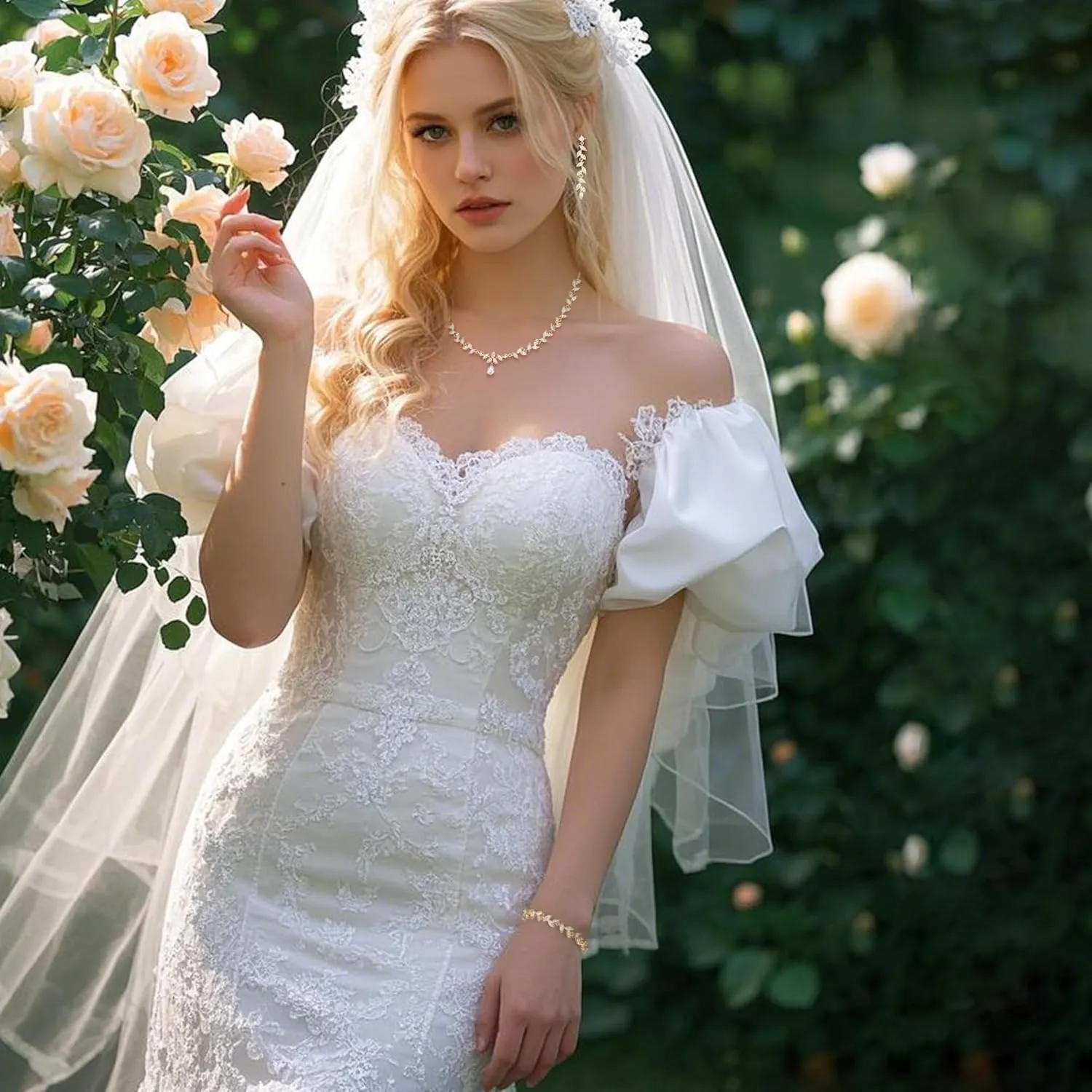 BriLove Wedding Bridal Jewelry for Women Cubic Zirconia Marquise Teardrop Leaf Cluster Y-Necklace Dangle Earrings Link Bracelet Set