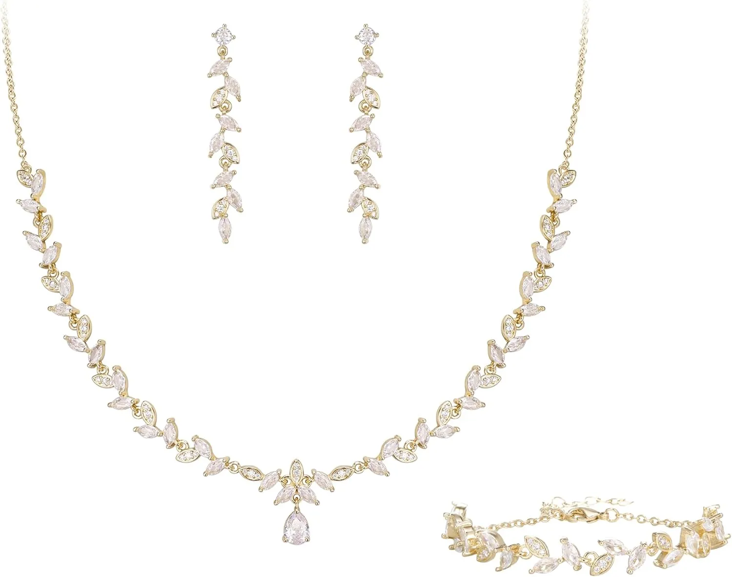BriLove Wedding Bridal Jewelry for Women Cubic Zirconia Marquise Teardrop Leaf Cluster Y-Necklace Dangle Earrings Link Bracelet Set