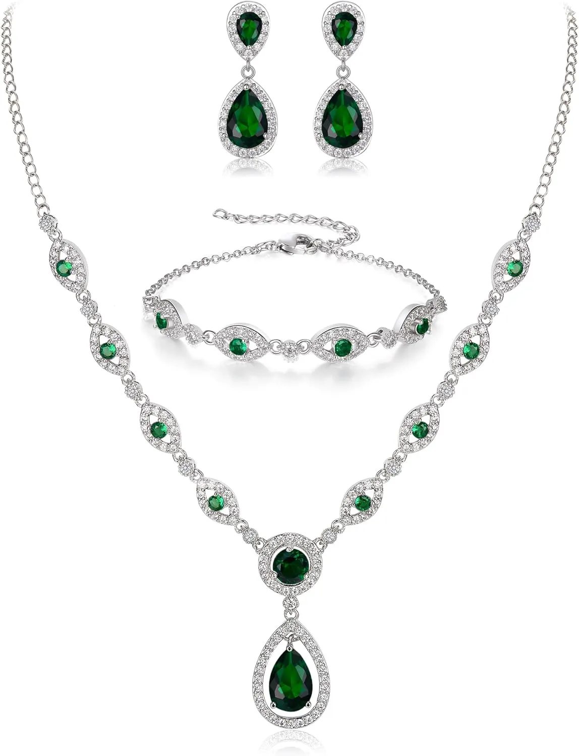 BriLove Wedding Bridal Jewelry Set for Women Cubic Zirconia Teardrop Y-Necklace Link Bracelet Dangle Earrings for Party Prom Accessories