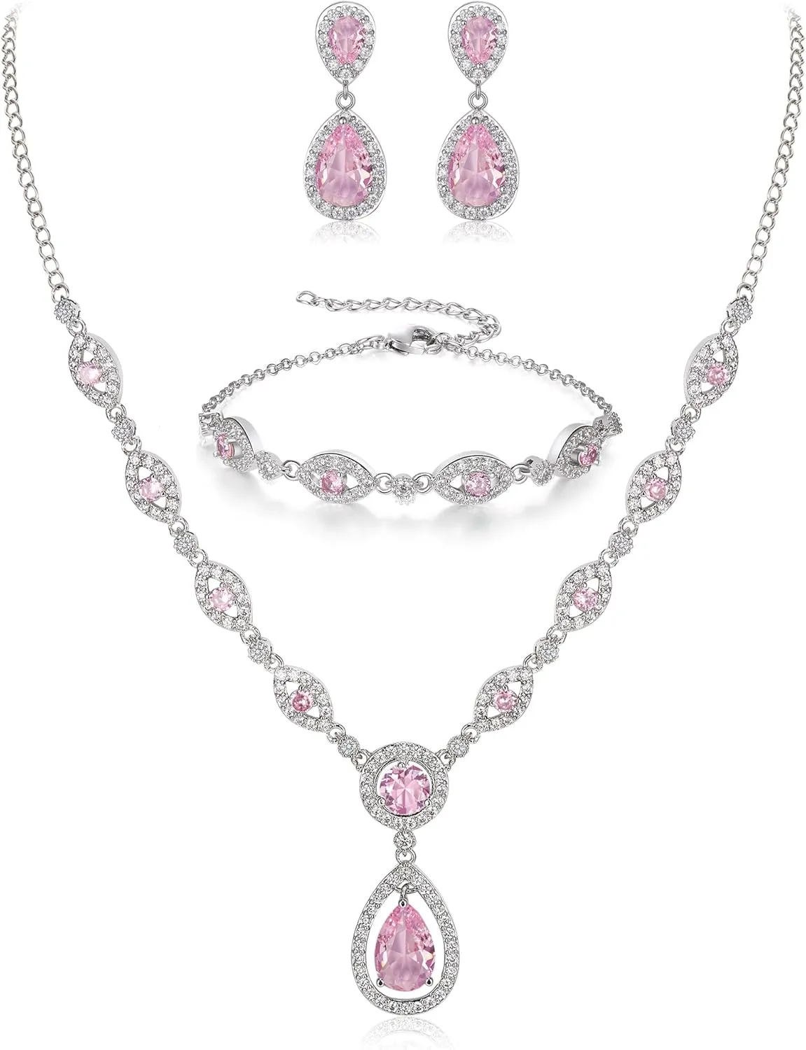 BriLove Wedding Bridal Jewelry Set for Women Cubic Zirconia Teardrop Y-Necklace Link Bracelet Dangle Earrings for Party Prom Accessories