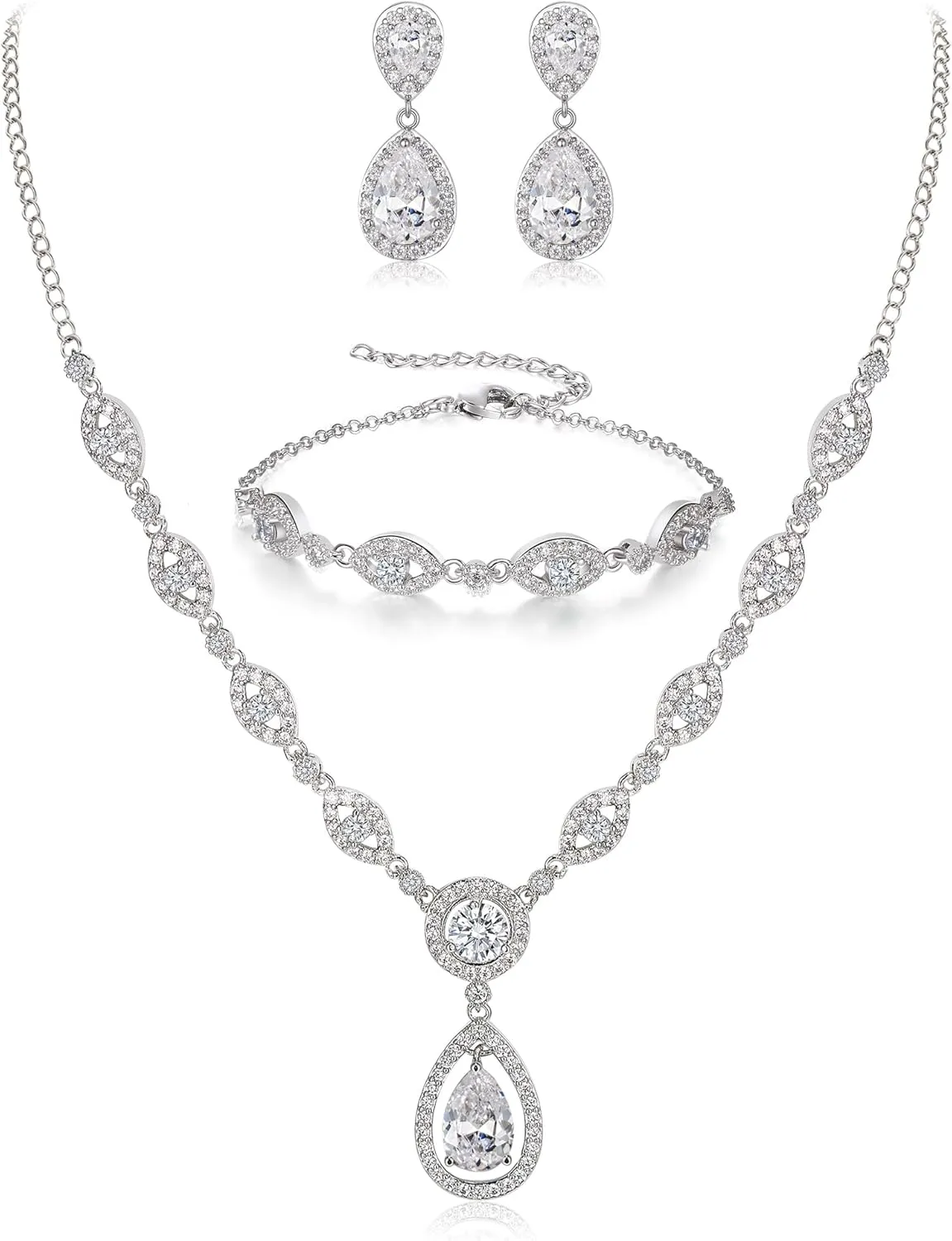 BriLove Wedding Bridal Jewelry Set for Women Cubic Zirconia Teardrop Y-Necklace Link Bracelet Dangle Earrings for Party Prom Accessories