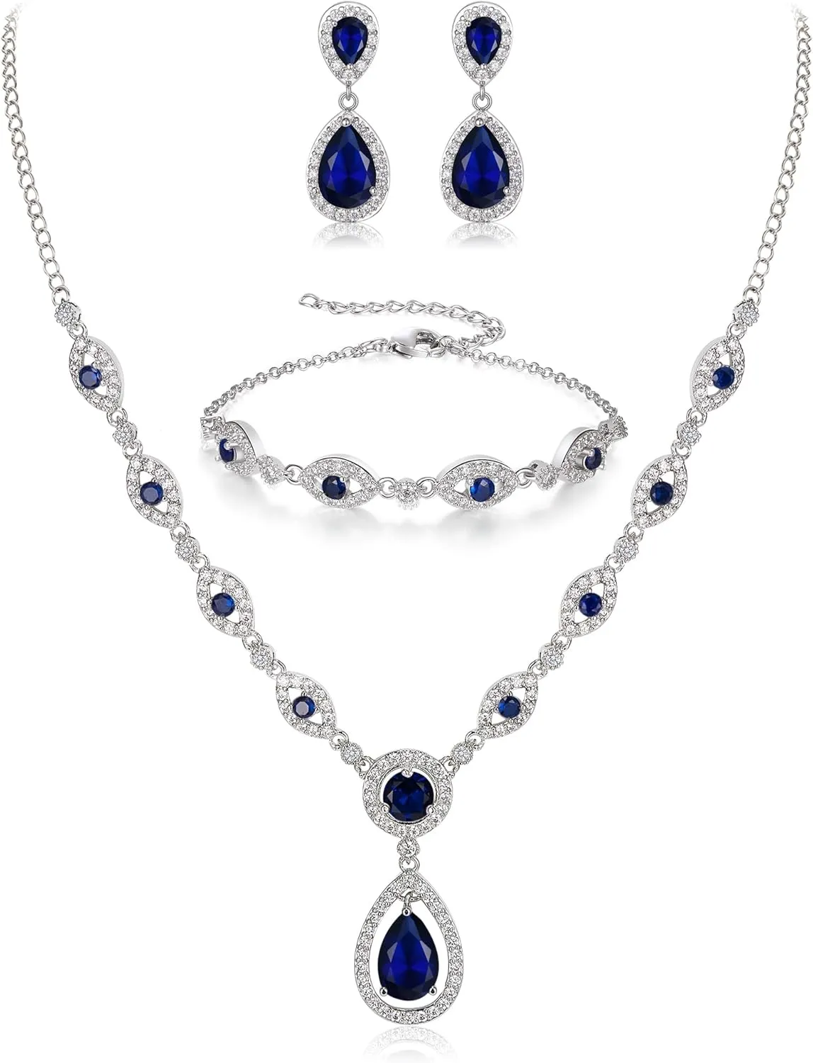 BriLove Wedding Bridal Jewelry Set for Women Cubic Zirconia Teardrop Y-Necklace Link Bracelet Dangle Earrings for Party Prom Accessories