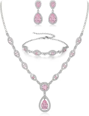 BriLove Wedding Bridal Jewelry Set for Women Cubic Zirconia Teardrop Y-Necklace Link Bracelet Dangle Earrings for Party Prom Accessories