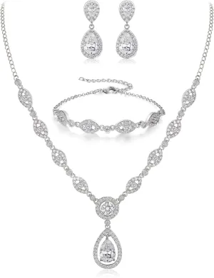 BriLove Wedding Bridal Jewelry Set for Women Cubic Zirconia Teardrop Y-Necklace Link Bracelet Dangle Earrings for Party Prom Accessories
