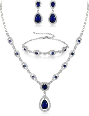 BriLove Wedding Bridal Jewelry Set for Women Cubic Zirconia Teardrop Y-Necklace Link Bracelet Dangle Earrings for Party Prom Accessories