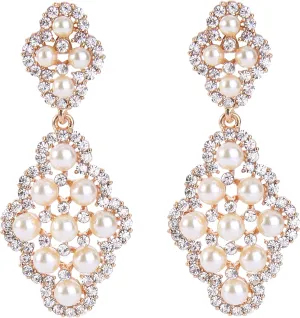 BriLove Wedding Bridal Simulated Pearl Earrings for Women Crystal Hollow Rhombus Chandelier Dangle Jewelry Clear Gold-Toned Ivory Color