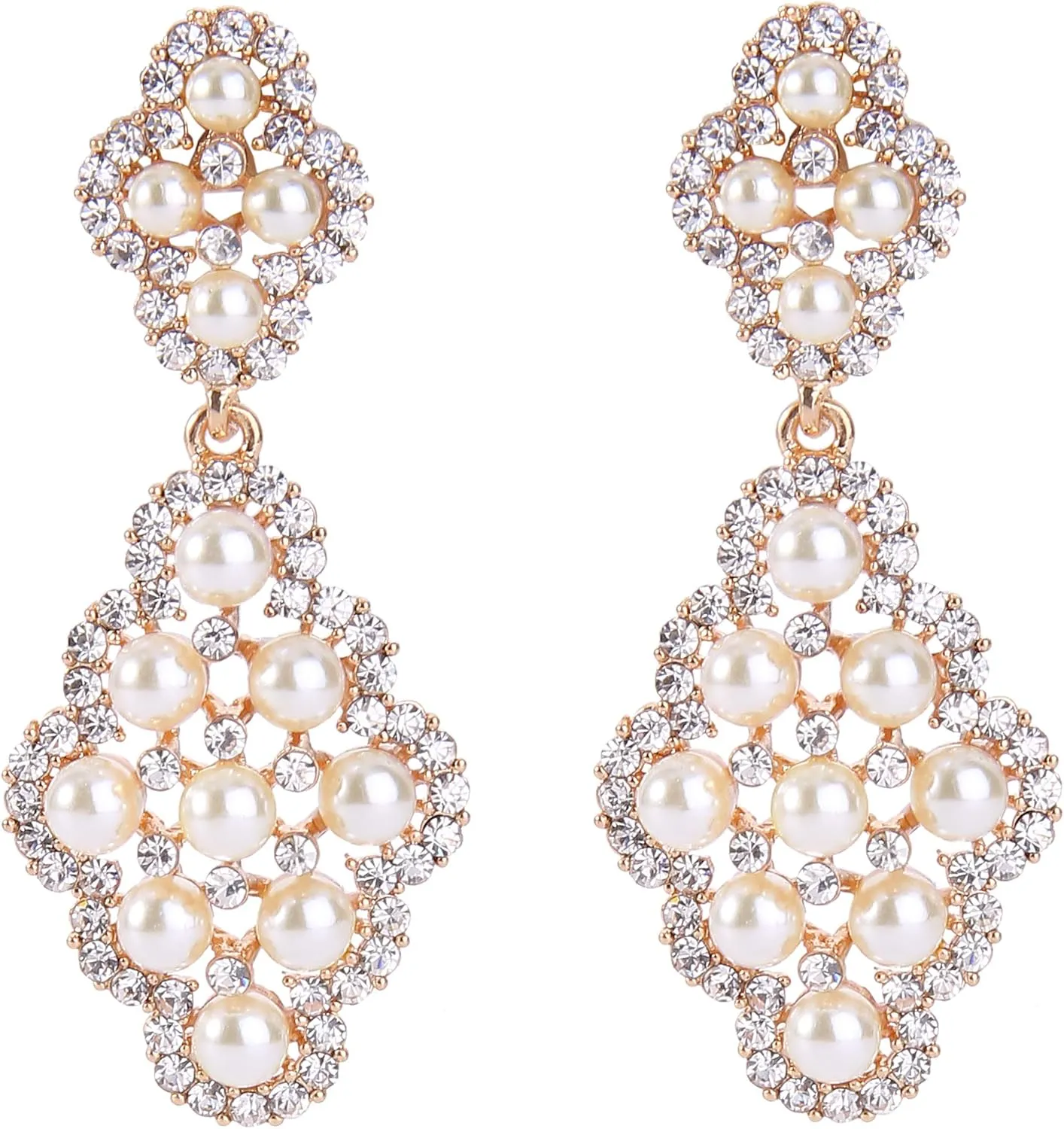 BriLove Wedding Bridal Simulated Pearl Earrings for Women Crystal Hollow Rhombus Chandelier Dangle Jewelry Clear Gold-Toned Ivory Color