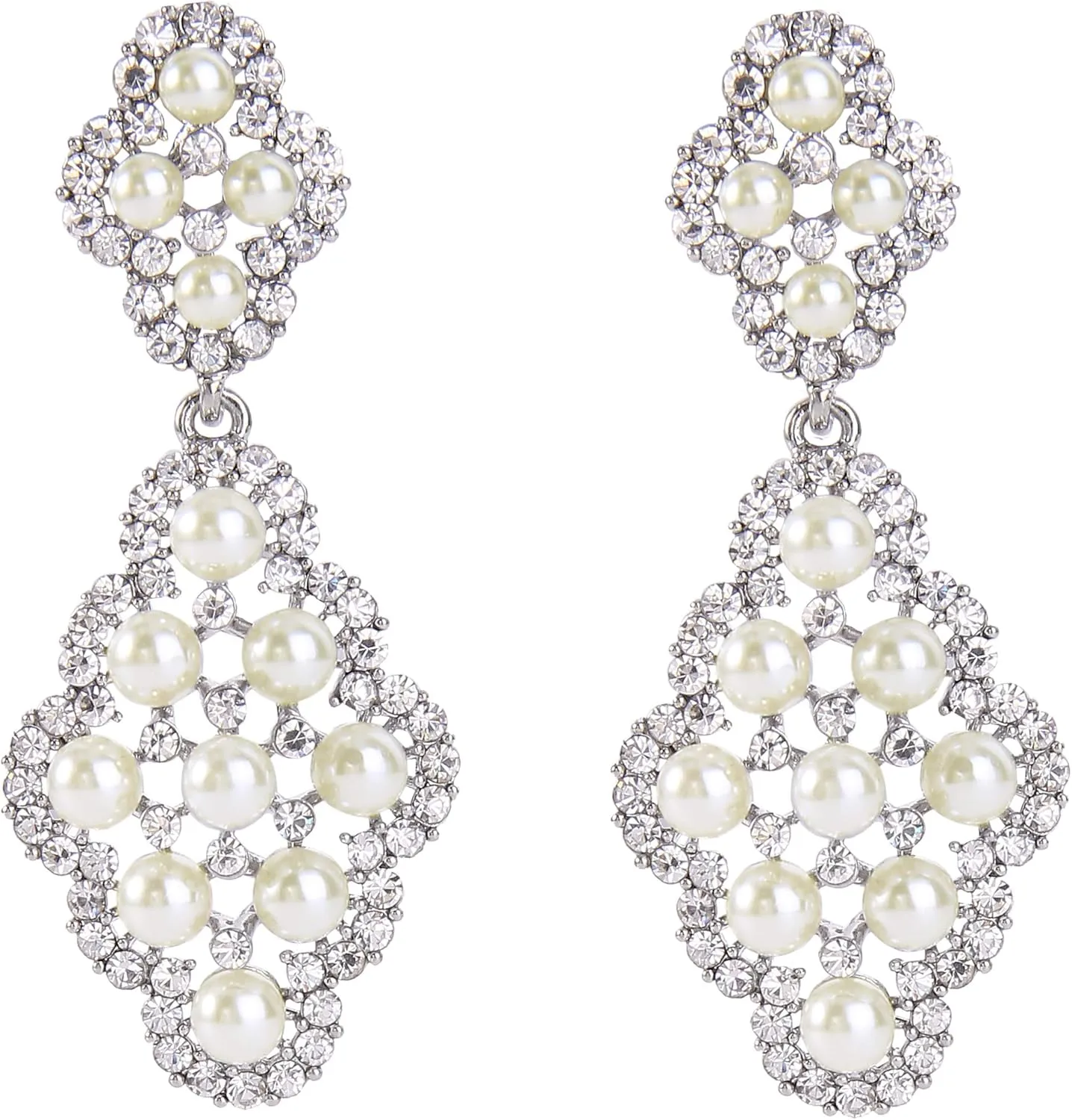 BriLove Wedding Bridal Simulated Pearl Earrings for Women Crystal Hollow Rhombus Chandelier Dangle Jewelry Clear Silver-Tone Ivory Color