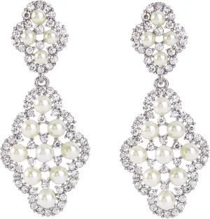 BriLove Wedding Bridal Simulated Pearl Earrings for Women Crystal Hollow Rhombus Chandelier Dangle Jewelry Clear Silver-Tone Ivory Color