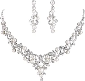 BriLove Wedding Bridal Simulated Pearl Necklace Earrings Jewelry Set for Women Filigree Vine Y-Necklace Dangle Earring Clear Silver-Tone