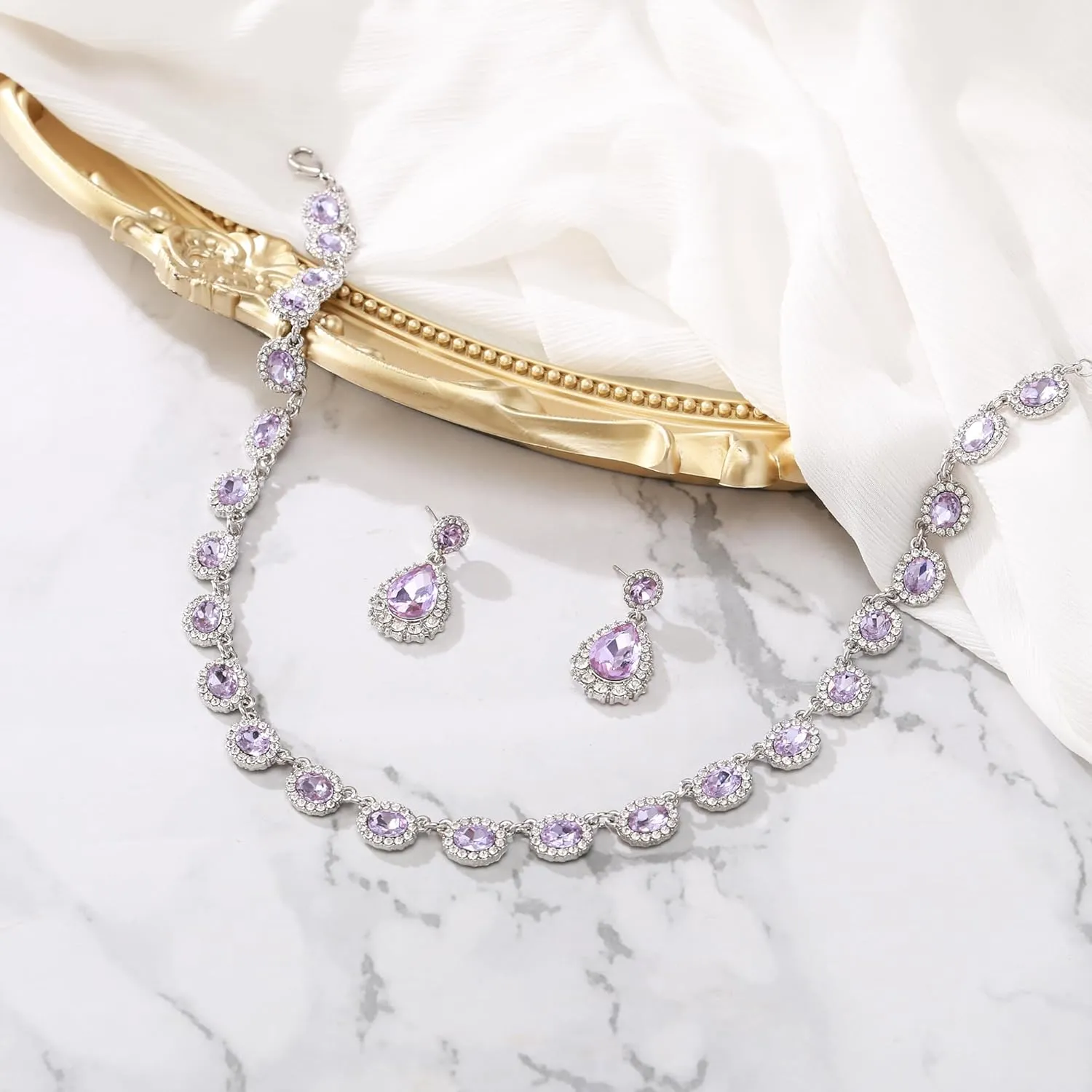 BriLove Wedding Jewelry Set for Women Bride Necklace Earrings Crystal Teardrop Oval Cluster Bridal Bridesmaid Party Prom