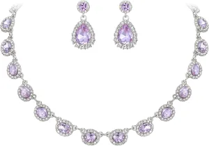 BriLove Wedding Jewelry Set for Women Bride Necklace Earrings Crystal Teardrop Oval Cluster Bridal Bridesmaid Party Prom