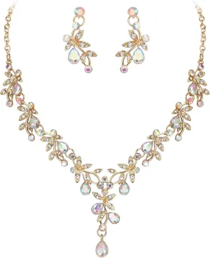 BriLove Wedding Jewelry Set for Women Bride, Y-Necklace Dangle Earrings Crystal Teardrop Leaf Flower Cluster Bridal Bridesmaid