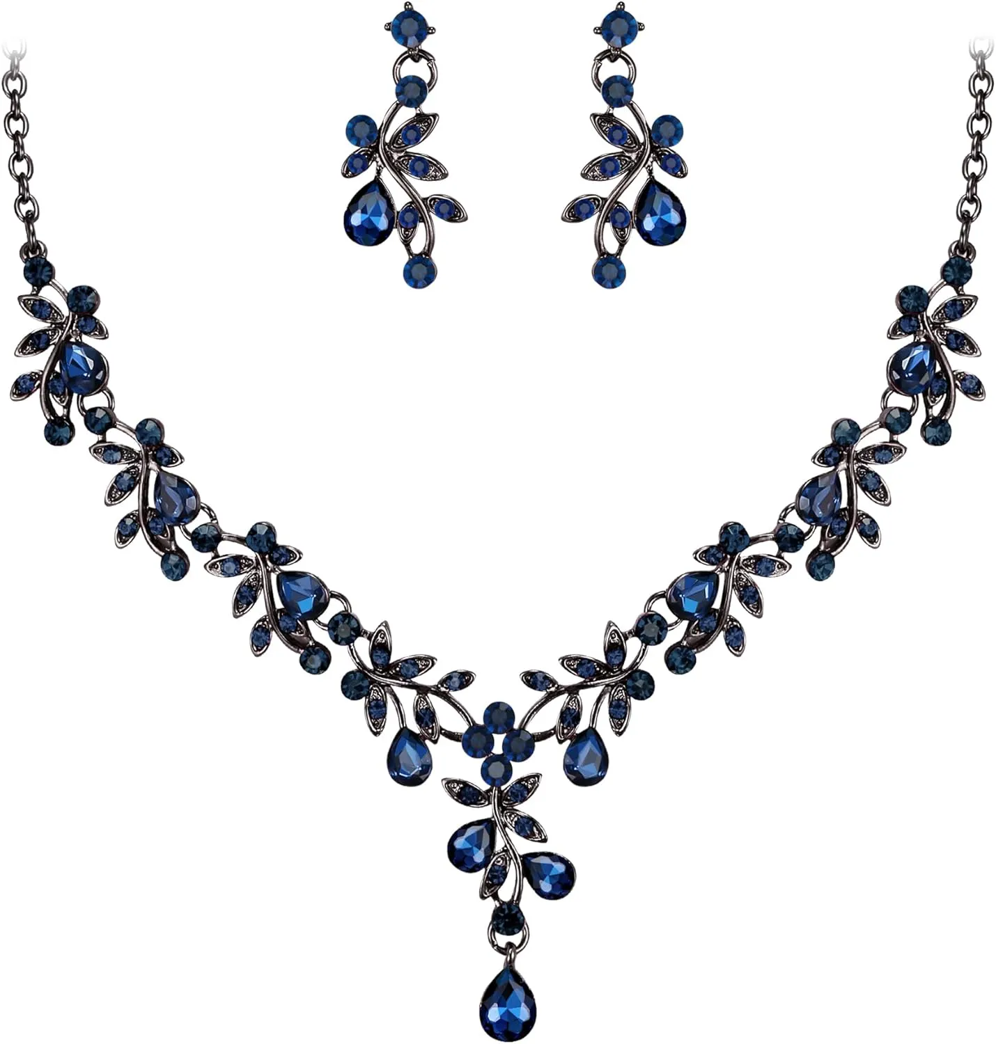 BriLove Wedding Jewelry Set for Women Bride, Y-Necklace Dangle Earrings Crystal Teardrop Leaf Flower Cluster Bridal Bridesmaid