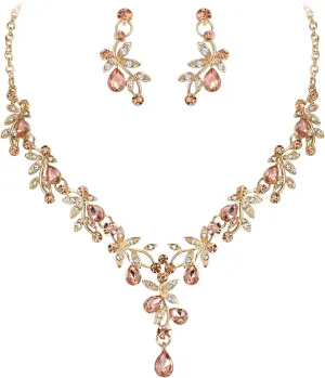 BriLove Wedding Jewelry Set for Women Bride, Y-Necklace Dangle Earrings Crystal Teardrop Leaf Flower Cluster Bridal Bridesmaid