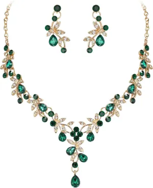 BriLove Wedding Jewelry Set for Women Bride, Y-Necklace Dangle Earrings Crystal Teardrop Leaf Flower Cluster Bridal Bridesmaid