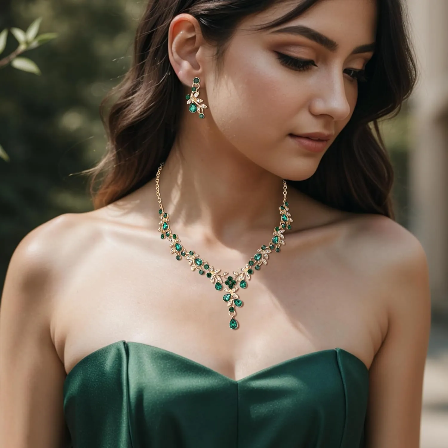BriLove Wedding Jewelry Set for Women Bride, Y-Necklace Dangle Earrings Crystal Teardrop Leaf Flower Cluster Bridal Bridesmaid