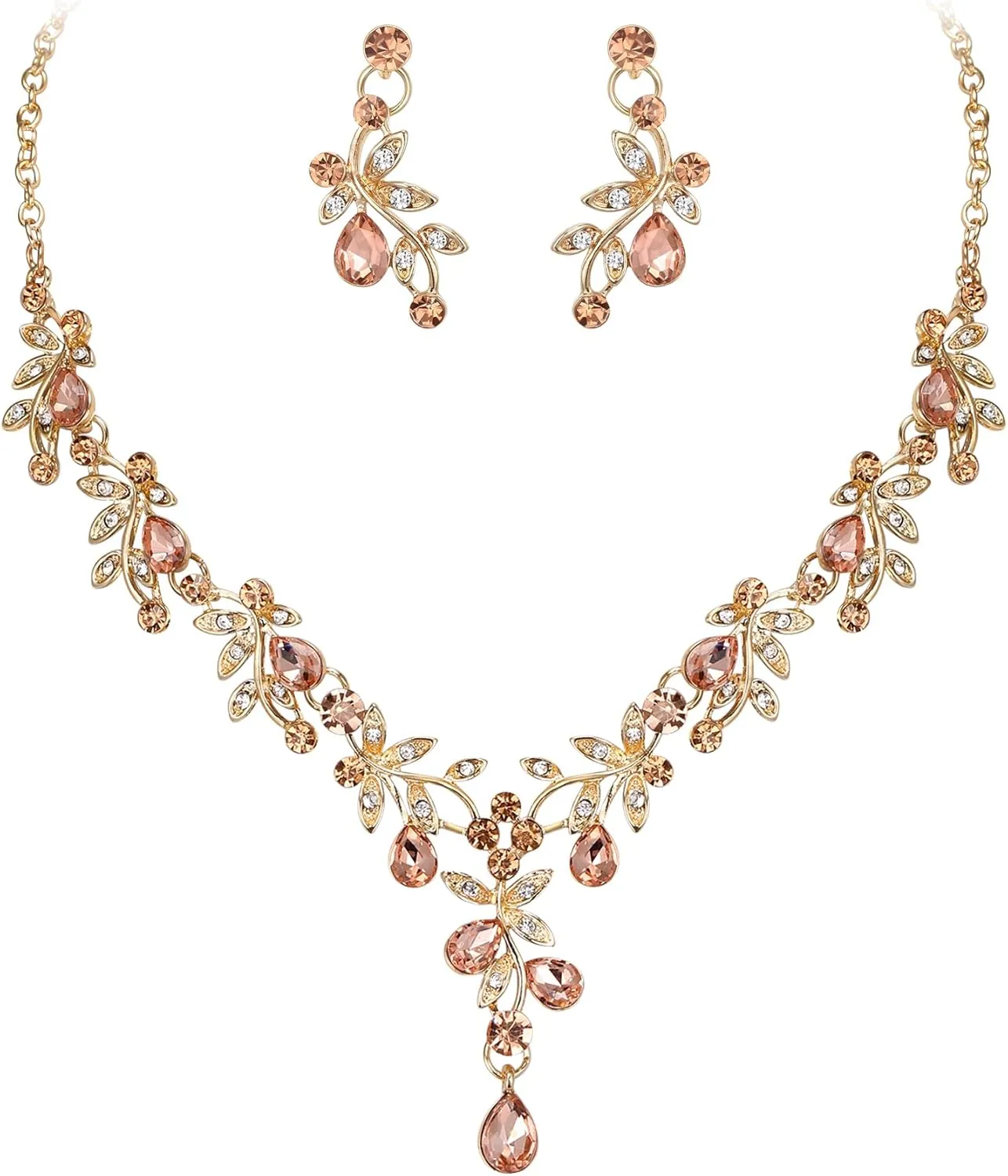 BriLove Wedding Jewelry Set for Women Bride, Y-Necklace Dangle Earrings Crystal Teardrop Leaf Flower Cluster Bridal Bridesmaid