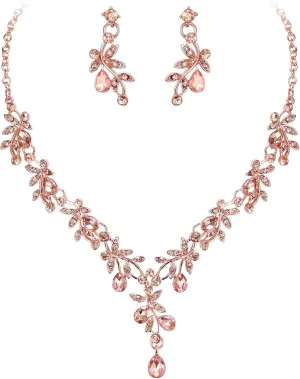 BriLove Wedding Jewelry Set for Women Bride, Y-Necklace Dangle Earrings Crystal Teardrop Leaf Flower Cluster Bridal Bridesmaid
