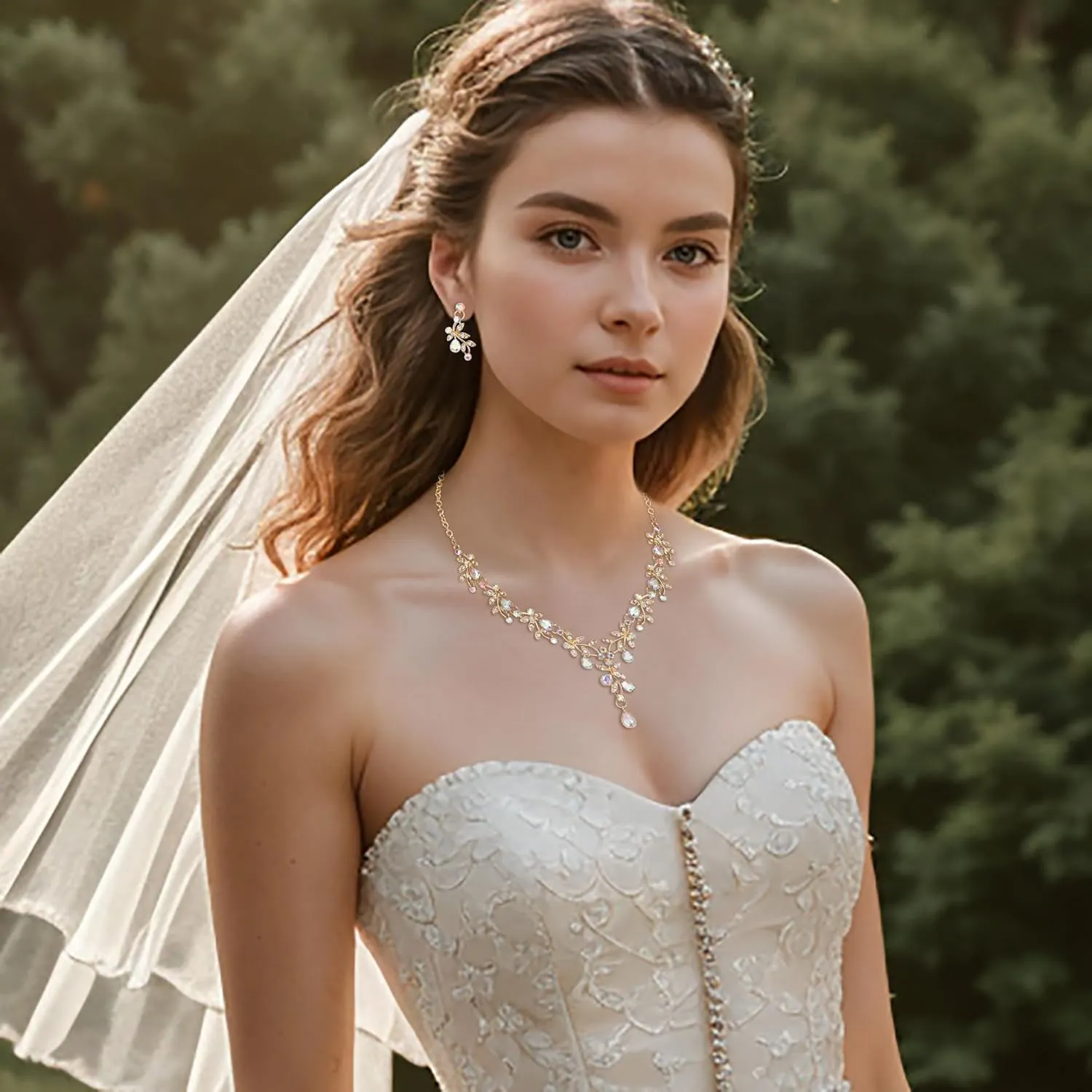 BriLove Wedding Jewelry Set for Women Bride, Y-Necklace Dangle Earrings Crystal Teardrop Leaf Flower Cluster Bridal Bridesmaid