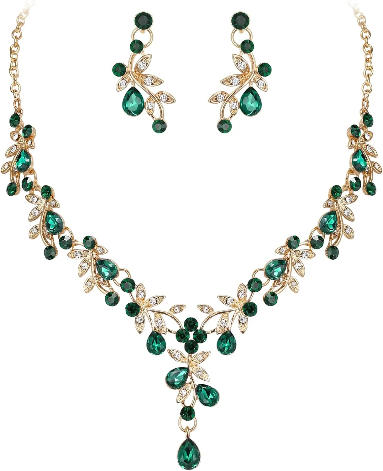 BriLove Wedding Jewelry Set for Women Bride, Y-Necklace Dangle Earrings Crystal Teardrop Leaf Flower Cluster Bridal Bridesmaid