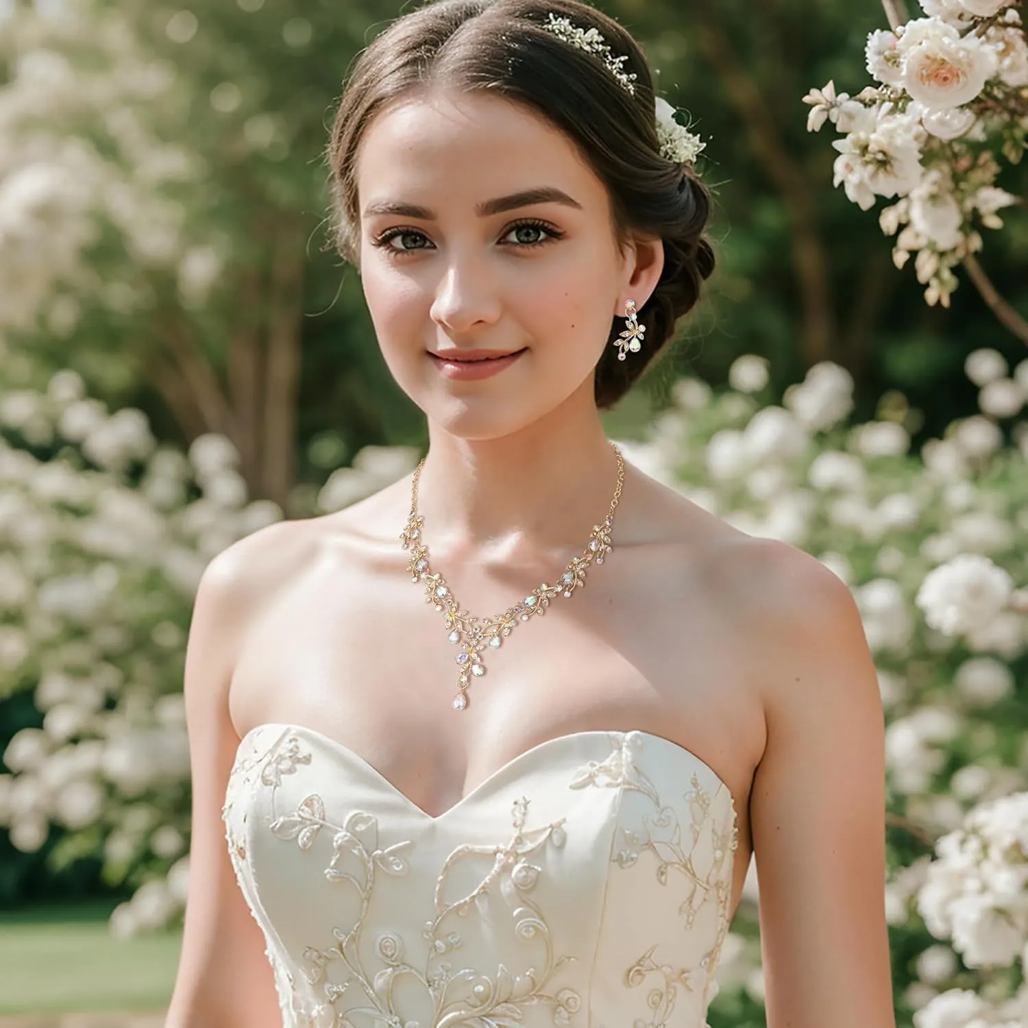 BriLove Wedding Jewelry Set for Women Bride, Y-Necklace Dangle Earrings Crystal Teardrop Leaf Flower Cluster Bridal Bridesmaid