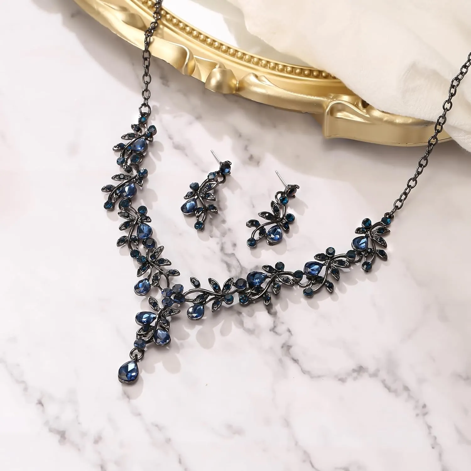 BriLove Wedding Jewelry Set for Women Bride, Y-Necklace Dangle Earrings Crystal Teardrop Leaf Flower Cluster Bridal Bridesmaid