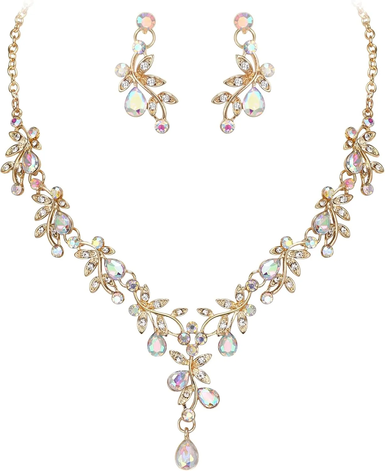 BriLove Wedding Jewelry Set for Women Bride, Y-Necklace Dangle Earrings Crystal Teardrop Leaf Flower Cluster Bridal Bridesmaid