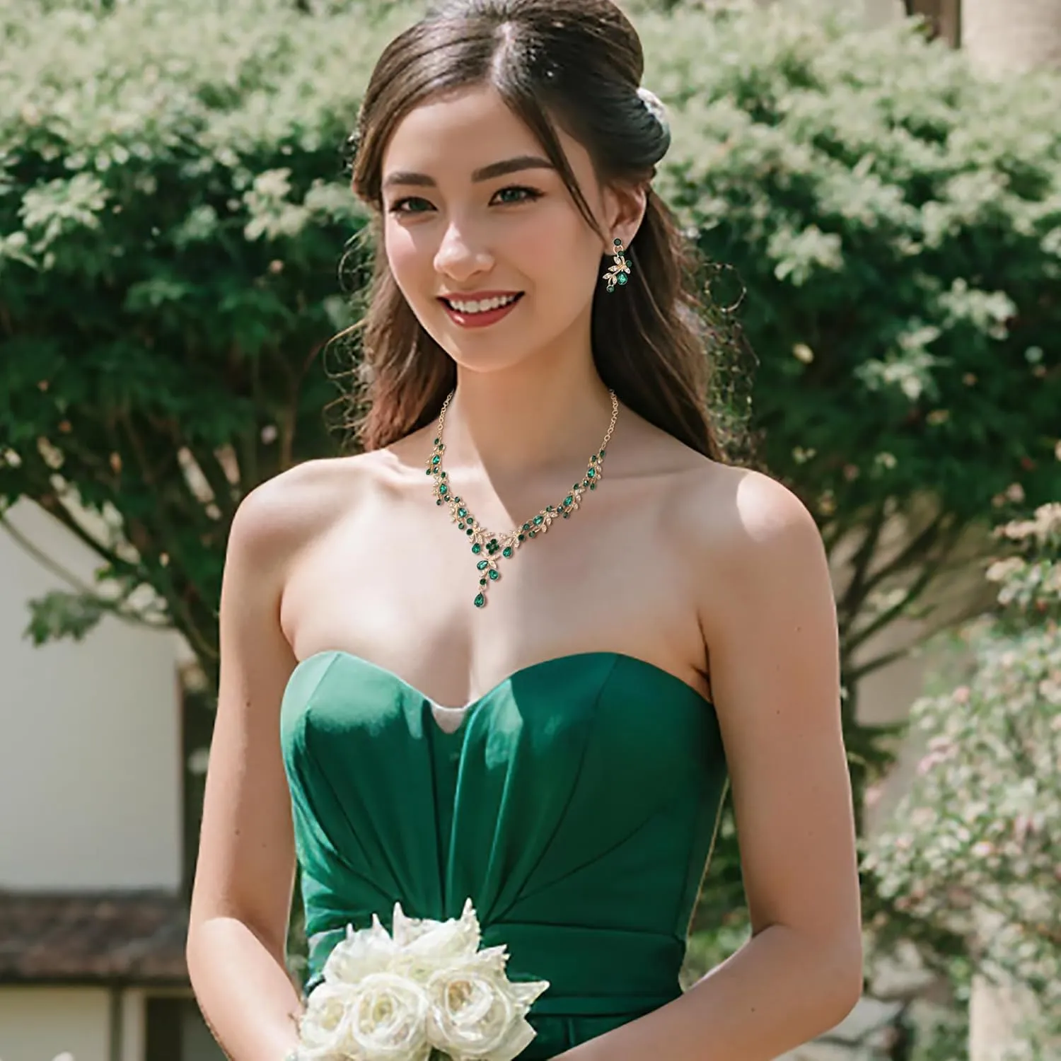 BriLove Wedding Jewelry Set for Women Bride, Y-Necklace Dangle Earrings Crystal Teardrop Leaf Flower Cluster Bridal Bridesmaid